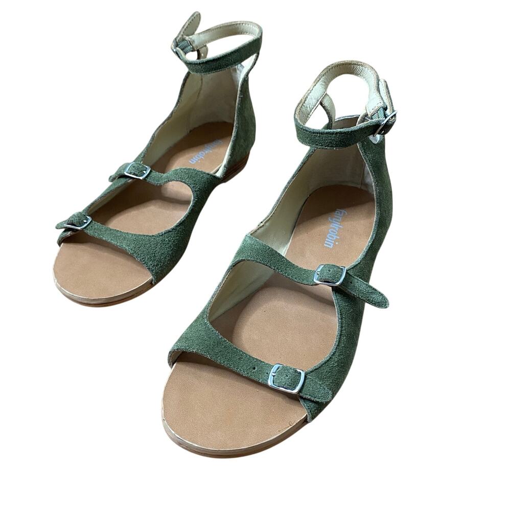 ANTHROPOLOGIE FARYLROBIN Idella Ankle Strap Suede Micro Wedge Sandals 7.5